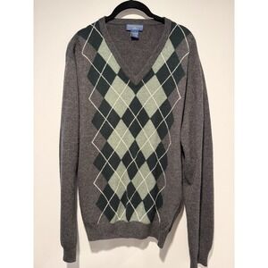 Joseph & Lyman Men's 100% Cashmere V-Neck Argyle Sweater Large Gray Green‎
